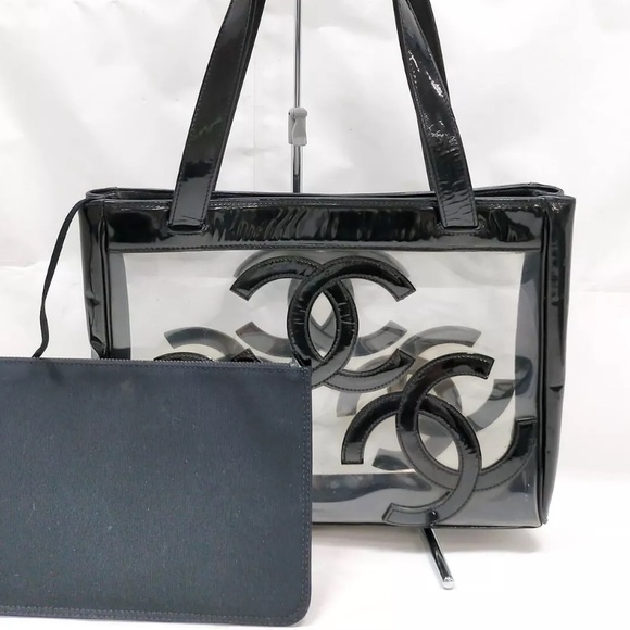 CHANEL CC PATENT LEATHER CLEAR VINYL TOTE - Picture 1 of 14
